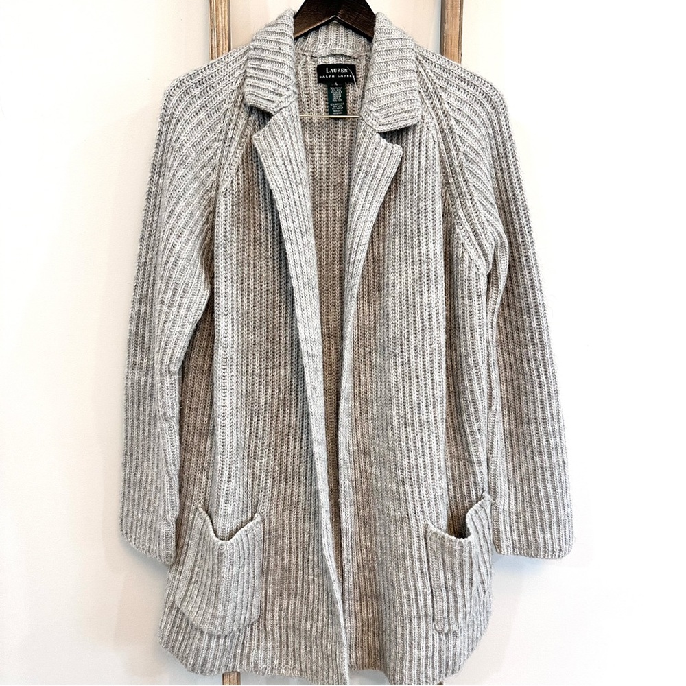 Lauren Ralph Lauren Grey Ribbed Open Cardigan Wool/Alpaca Size Large